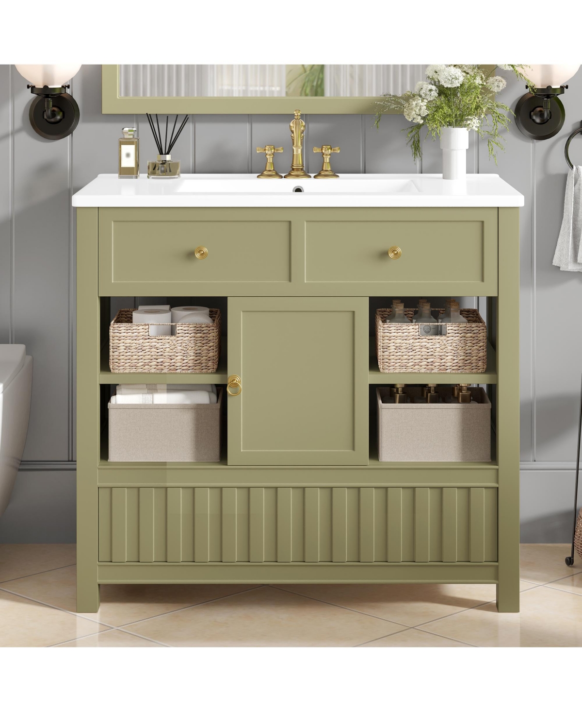 Cesicia 36 in. Bathroom Vanity with Sink, Multi-functional Cabinet Doors, Drawers and Storage Shelves