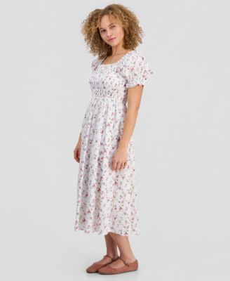 Juniors' Textured Floral Printed Puff-Sleeve Midi Dress