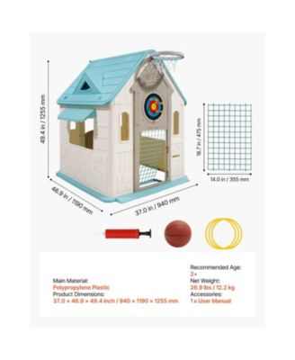 Outdoor Playhouse, 5-In-1 Cottage Play House with Pretend Play, Basketball, Darts, Soccer, Ring Toss