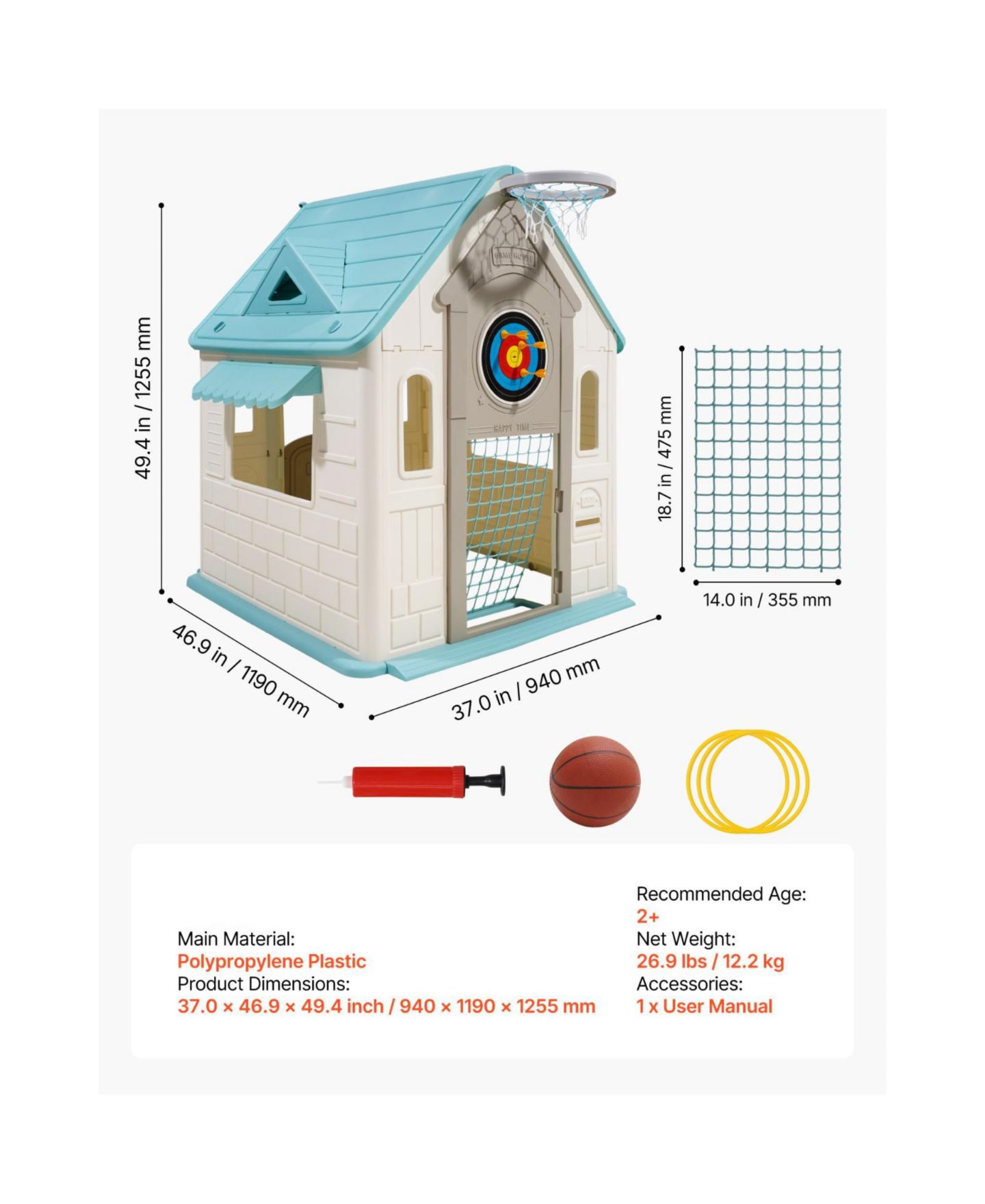 Детские игрушки Slickblue 5-In-1 Cottage Play House with Basketball, Darts, Soccer & Ring Toss, 2–5 лет, цвет: Белый / Синий — фото 3