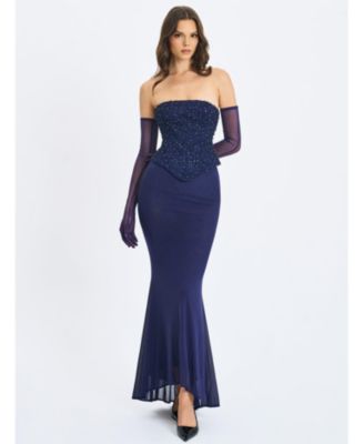 Women's Orabelle Navy Beaded Peplum Mermaid Gown with Lace-up Back