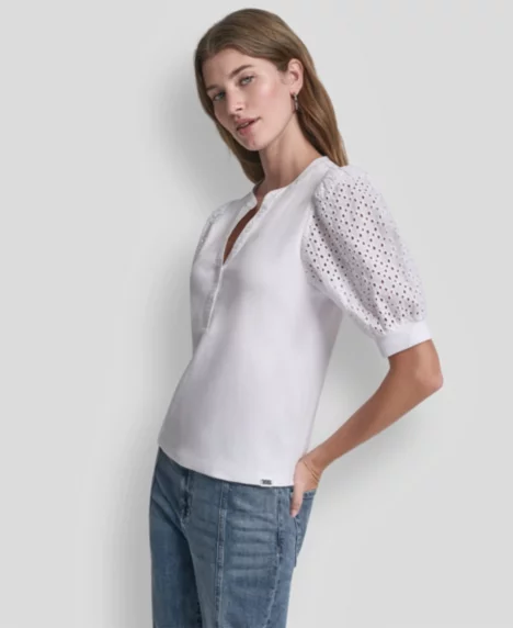 Petite Rib Body Eyelet V-Neck Top - Clover White