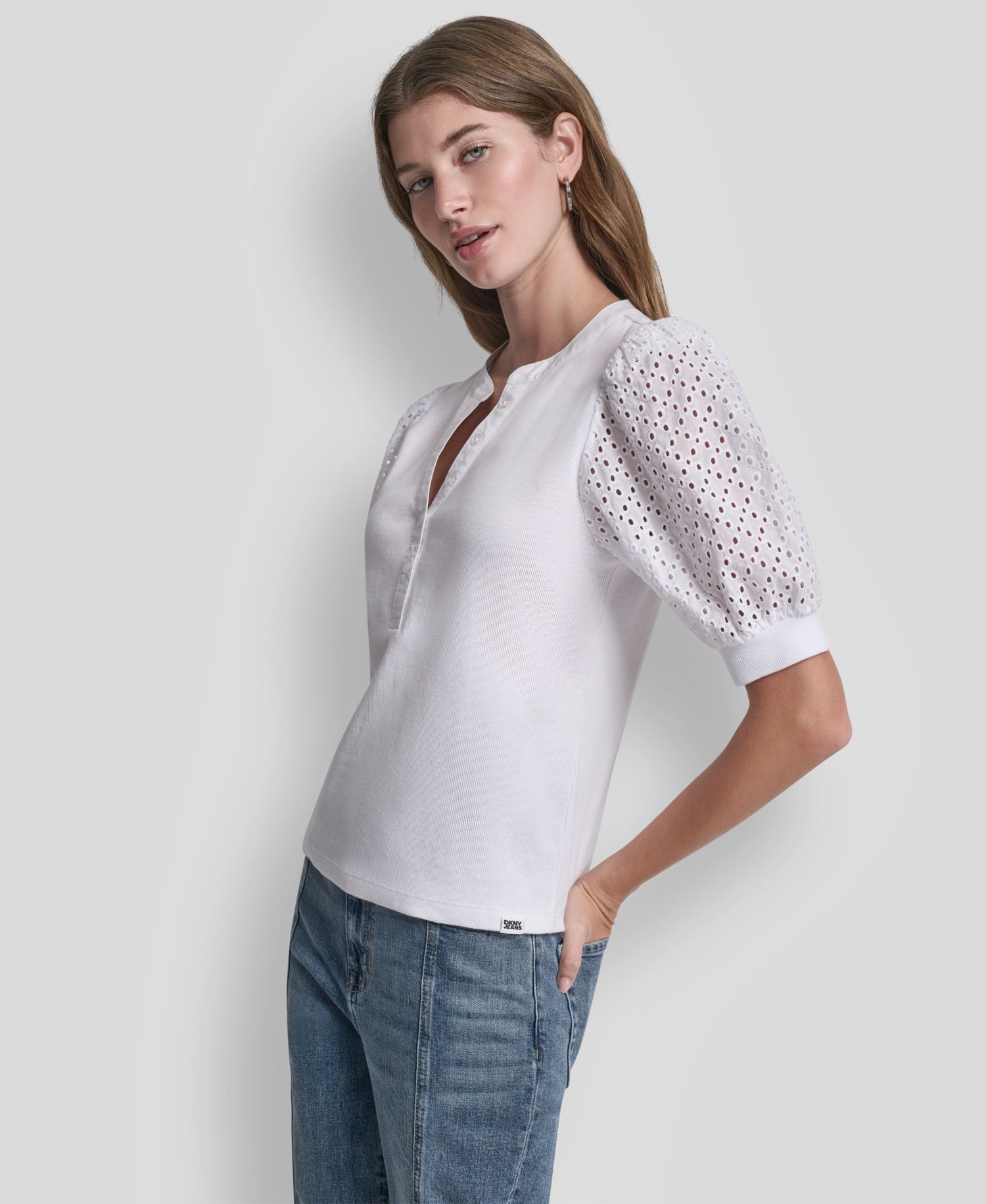 Petite Rib Body Eyelet V-Neck Top