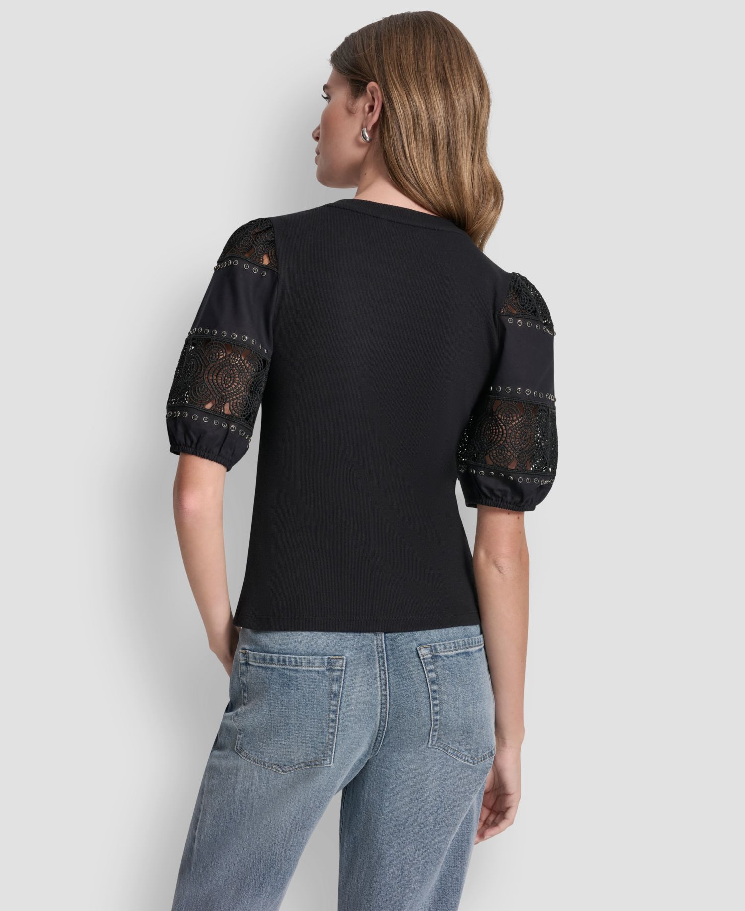 Petite Crew Neck Lace Eyelet Pull-On Top
