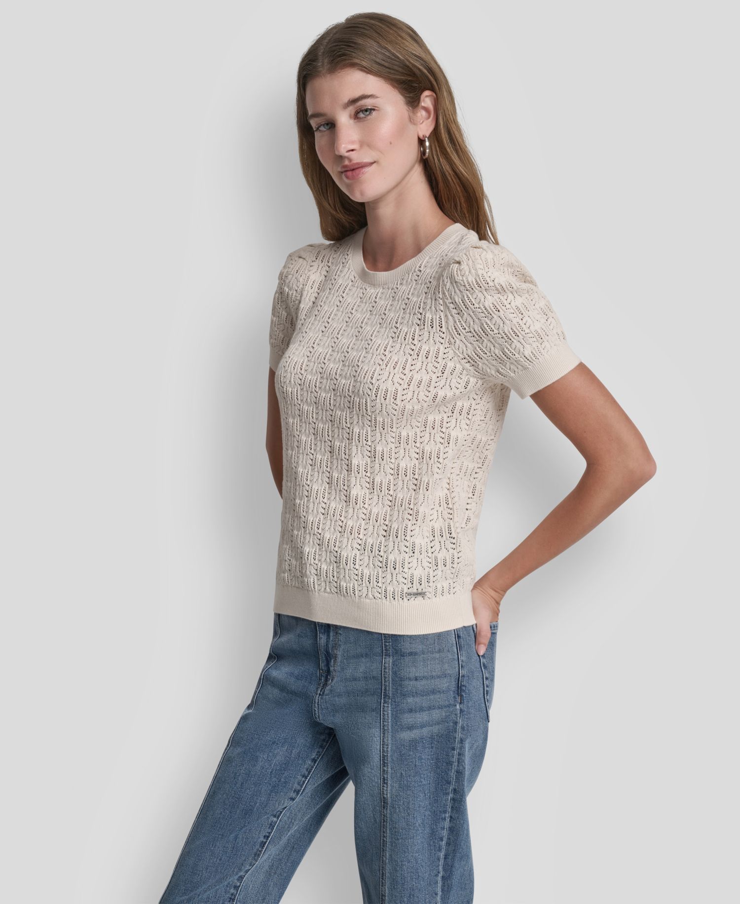Women's Short Sleeve Crew Neck Lace Pointelle Sweater
