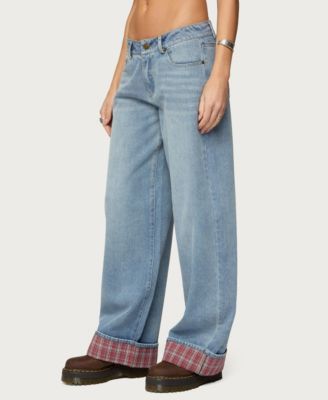 Women's Plaid Cuffed Low Rise Baggy Jeans