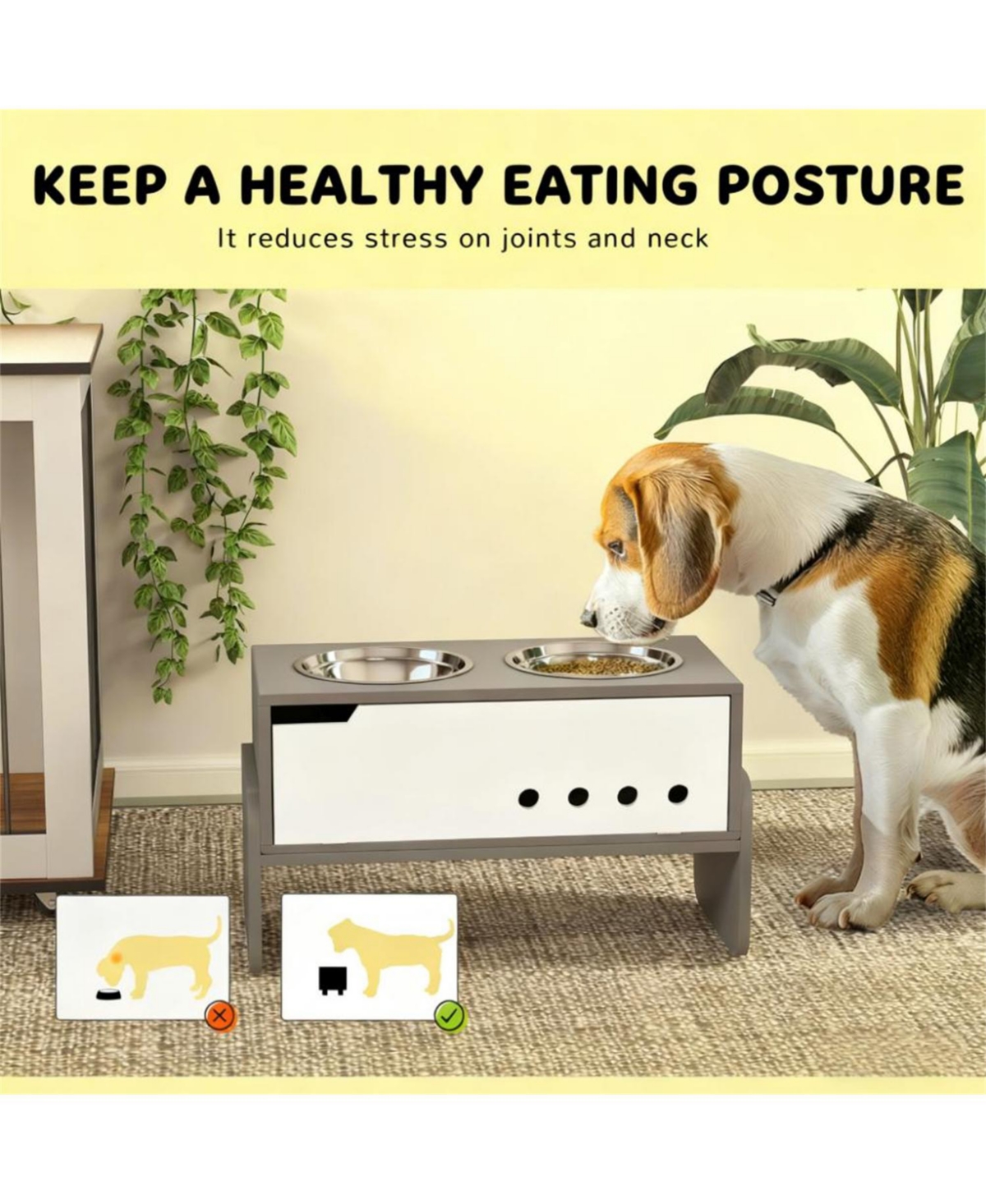 Aostirmotor 24.6 in. Wide 3 Height Adjustable Raised Dog Bowls in Grey