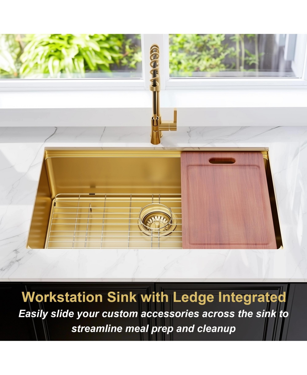 flynama 32x19inch Gold Undermount Workstation Kitchen Sink Stainless Steel 16 Gauge Deep Bowl