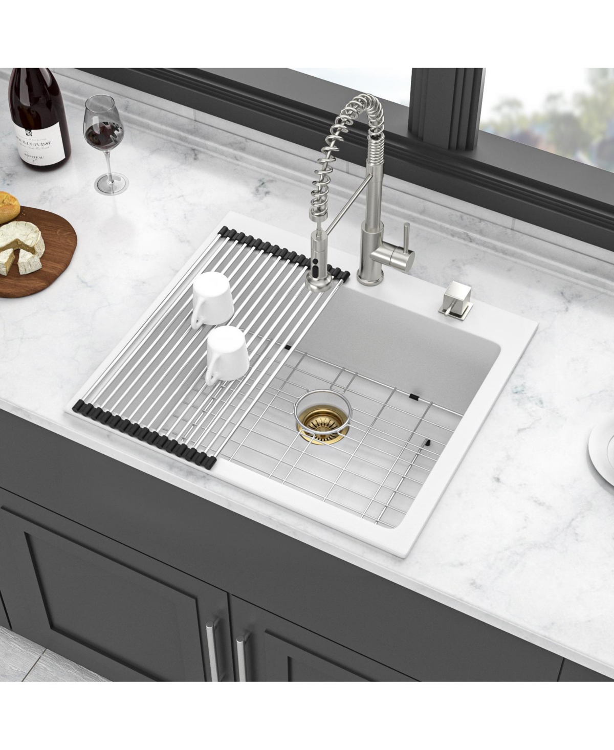 flynama huluwat White Quartz Composite Kitchen Sink Drop In Single Bowl Granite