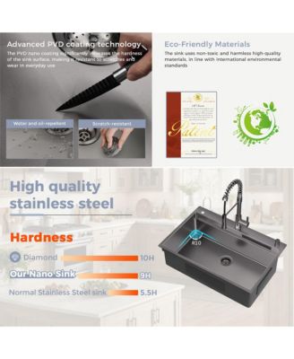huluwat Gunmetal Black Waterfall Kitchen Sink Workstation Smart Pull Out Faucet Combo