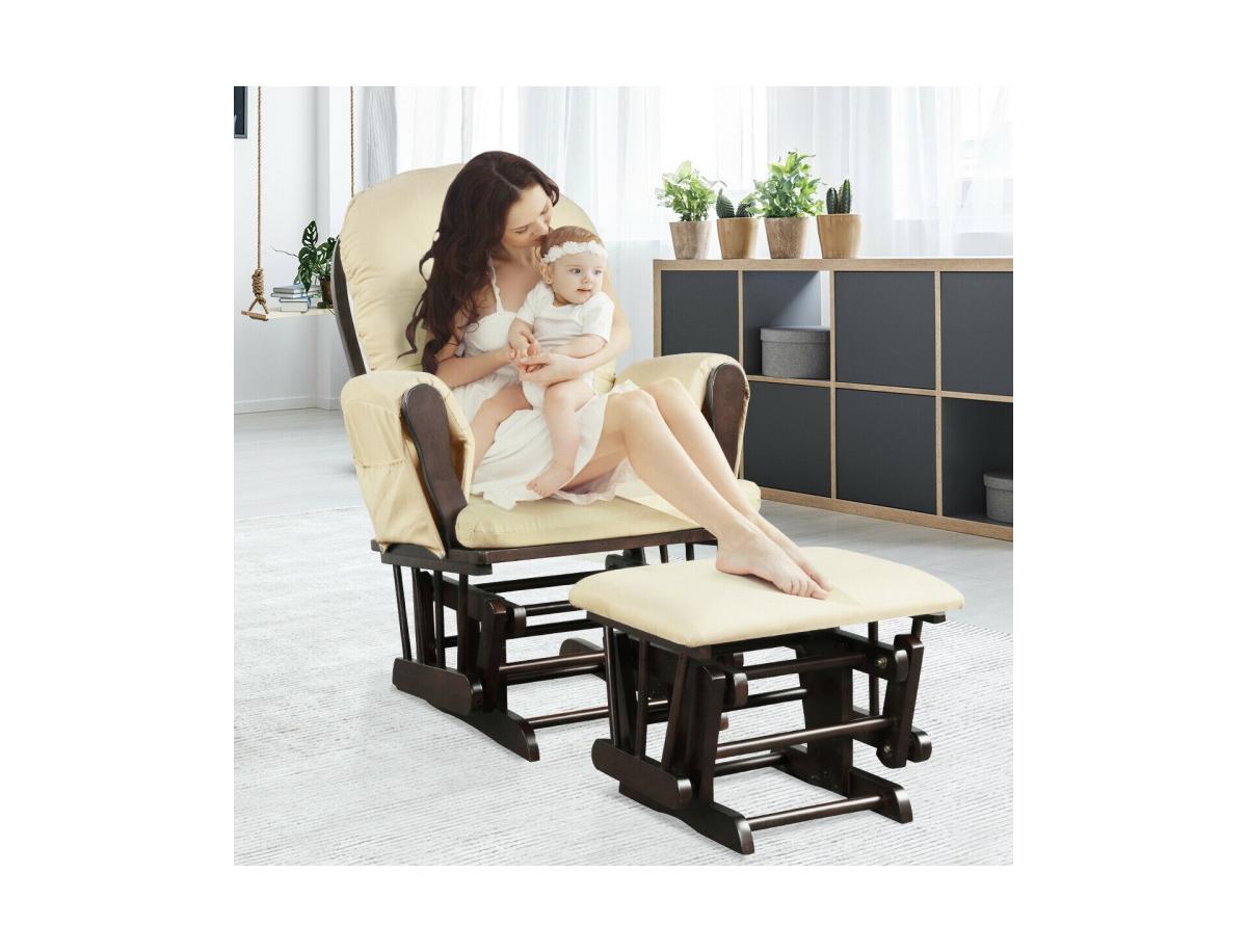 Wood Glider Chair and Ottoman Set with Padded Armrests Detachable Cushion