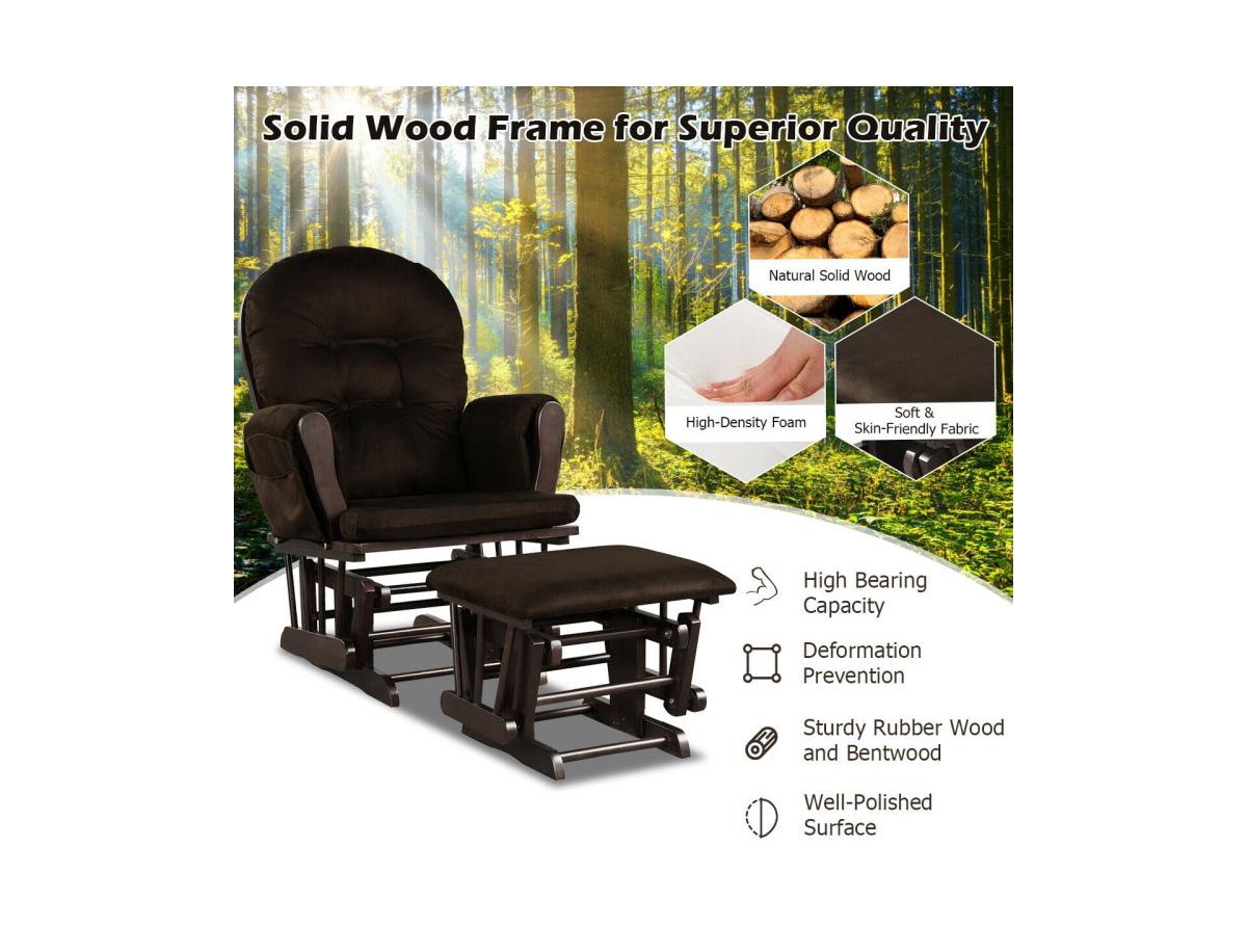 Wood Glider Chair and Ottoman Set with Padded Armrests Detachable Cushion