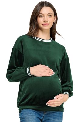 Women's Velvet Striped Neckline Long Sleeve Maternity Sweatshirt Top