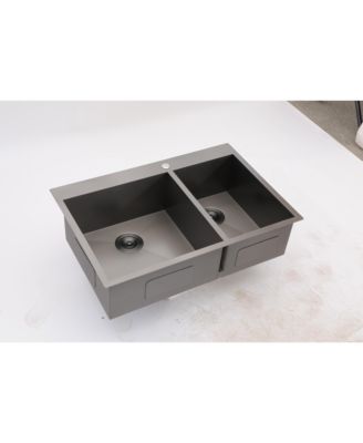 33x22x9inch Gunmetal Black Double Bowl Kitchen Sink Drop In Stainless Steel 16 Gauge 60 40 Split