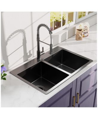 33x22x9inch Gunmetal Black Kitchen Sink Topmount Double Bowl Stainless Steel with Faucet