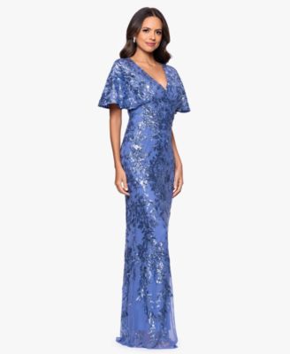 Women's Sequin Detail Flutter-Sleeve Gown