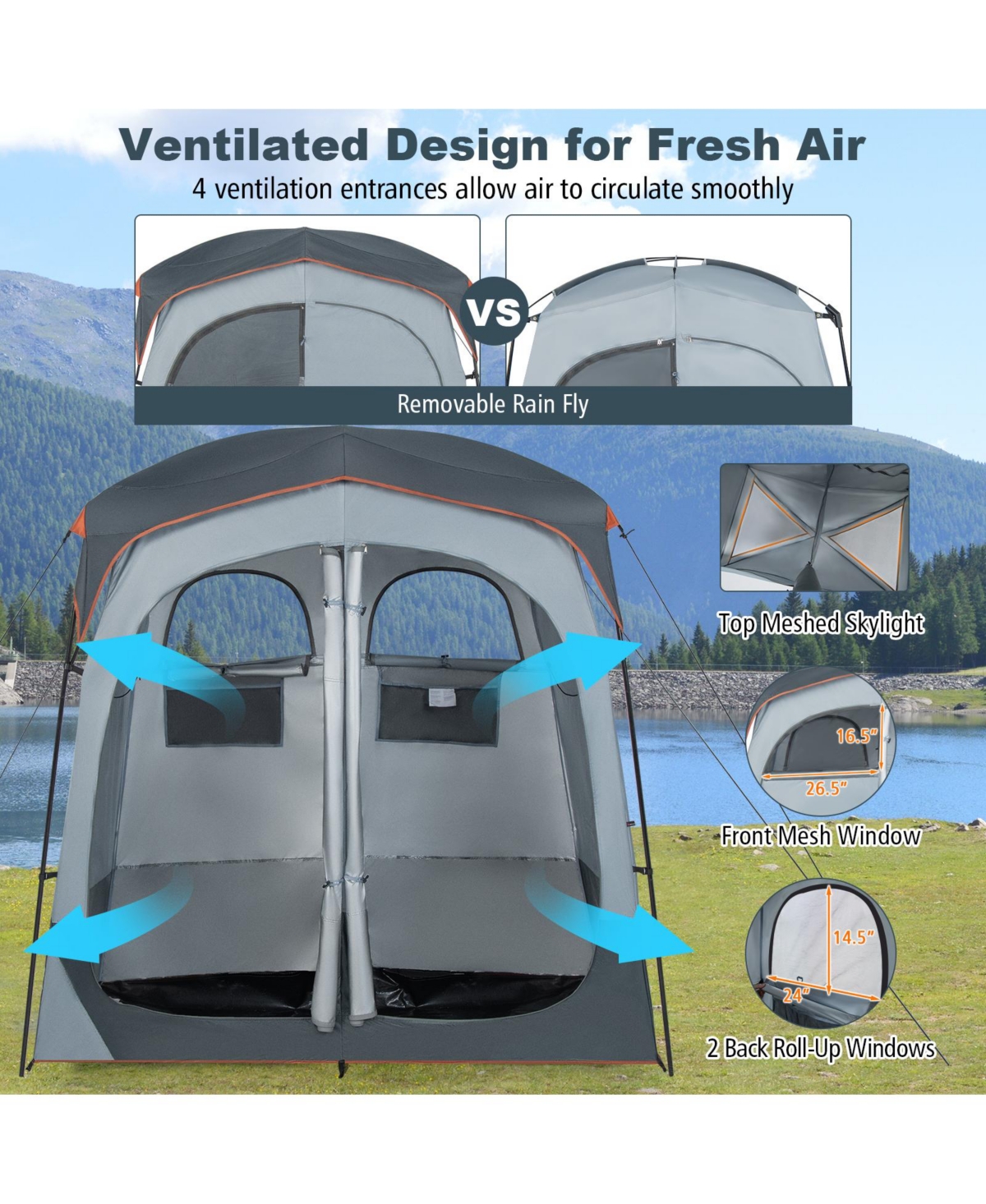 Skonyon 2 Rooms Oversize Privacy Shower Tent with Removable Rain Fly and Inside Pocket