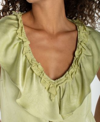 Women's Ruffle Front V-Neck Woven Top