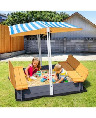 Wooden Sandbox with Canopy, Foldable Bench Seats, and Liner
