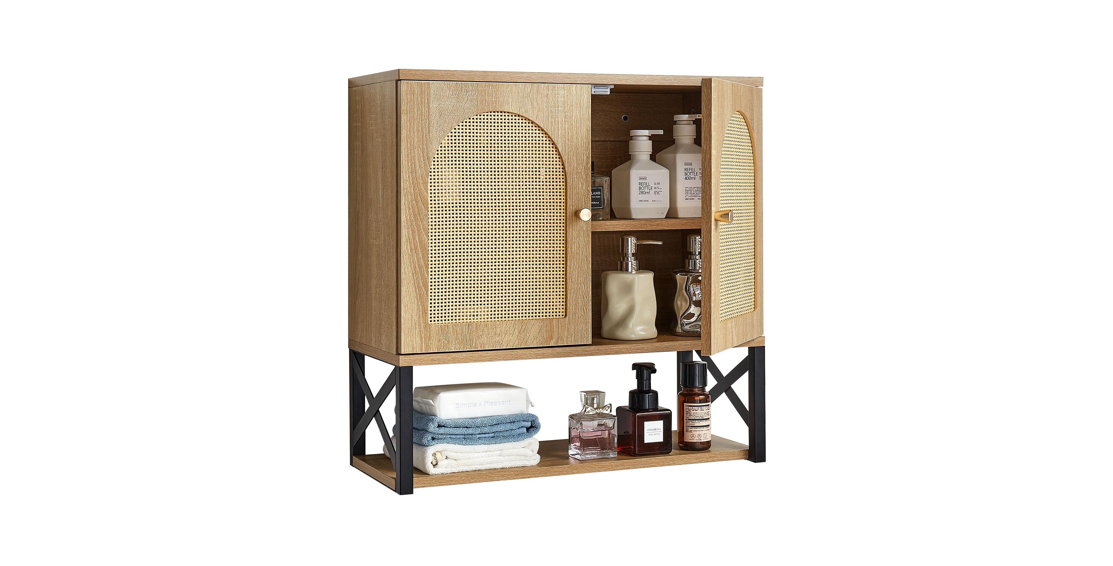 Volenca Wall Cabinet, 2 Doors, Adjustable Shelf, Over-Toilet Storage w/ Open Shelves