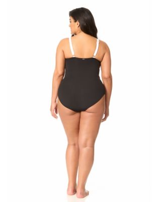 Plus Size V-Neck Color Block Mesh Insert Swimsuit