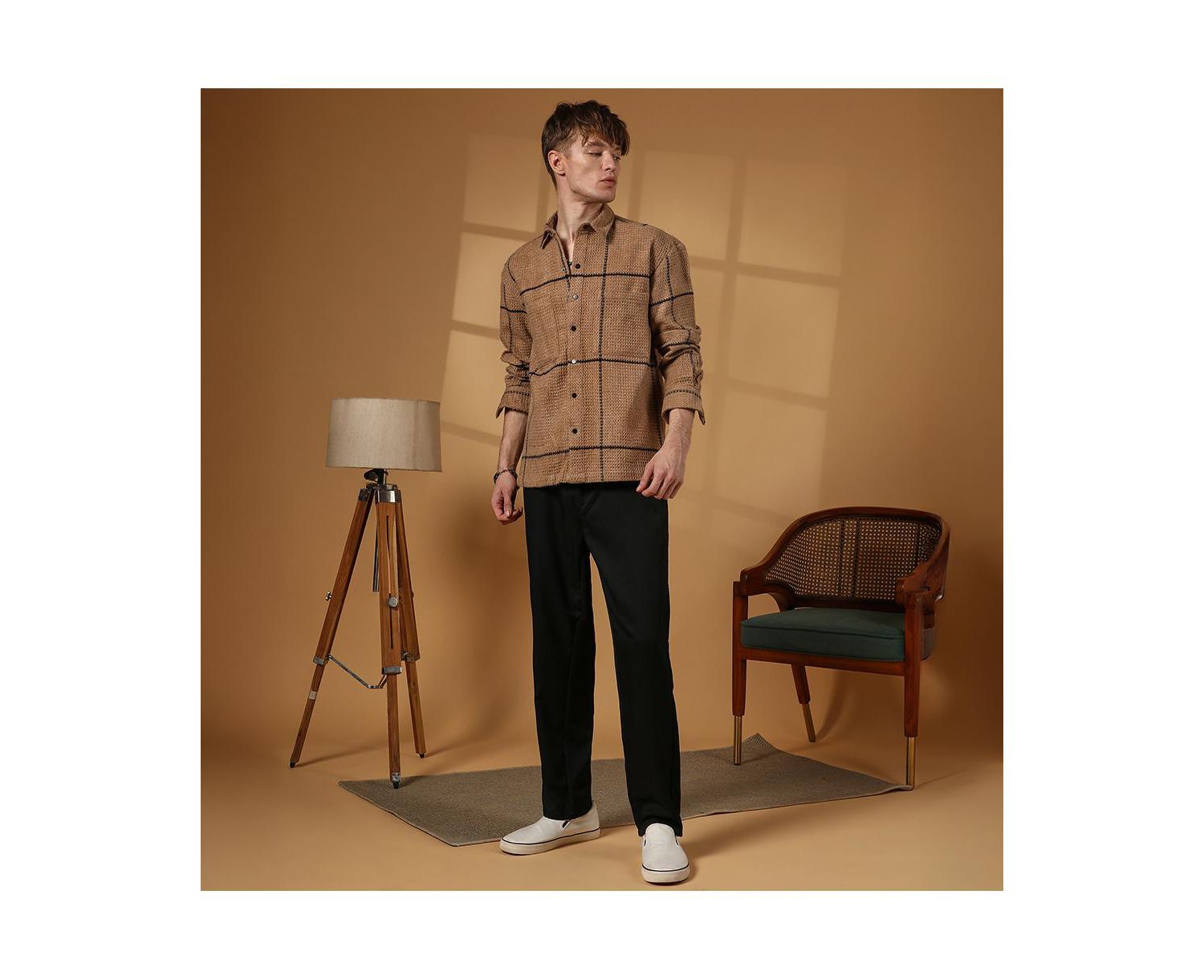 Men's Ash Brown Graph-Check Waffle Overshirt