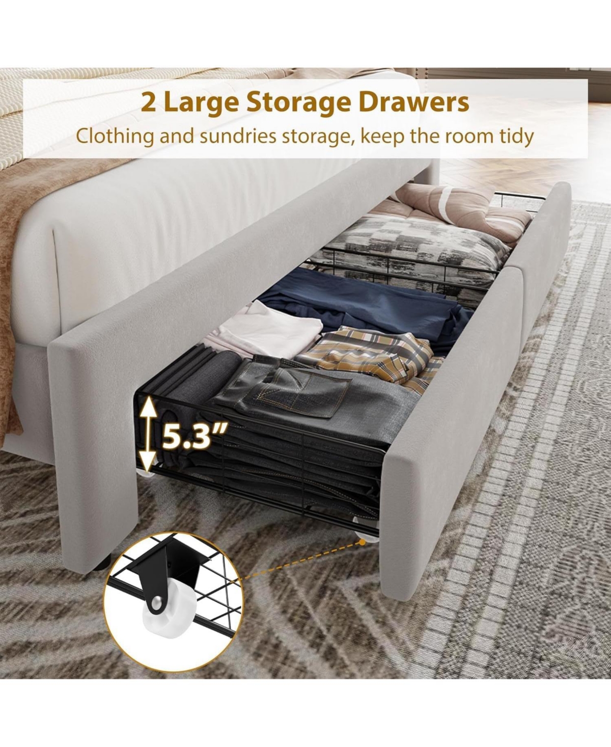 King Velvet Storage Bed with 2 Drawers, Tufted Wingback Headboard, Wood Slats, Noise-Free Support, No Box Spring, Beige