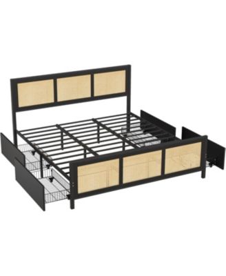 Queen Size Rattan Bed Frame with Headboard, Boho Cane Platform Bed with 4 Storage Drawers, Strong Metal Slat Support, Noise-Free Design