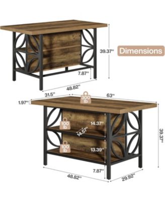 Kitchen Island with Storage, 62.99-Inch Kitchen Island Table with 2 Shelves and Large Worktop, Industrial Bar Table