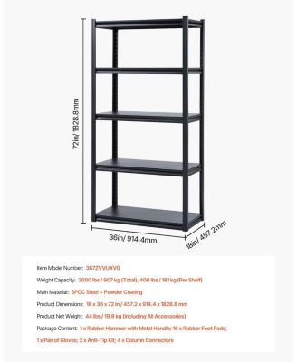 5-Tier Storage Shelves, 2000-Lb Capacity, 18"D x 36"W x 72"H, Adjustable Metal Utility Rack, Black