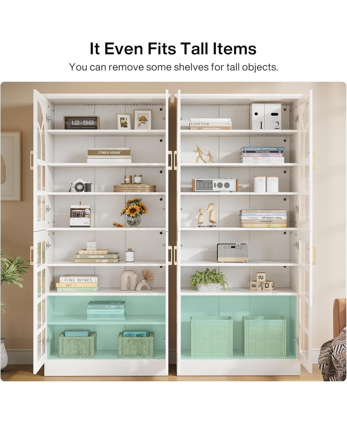 Tribesigns 8-Tier Bookshelf with Doors and Led Lights, 68.9" Tall Bookcase with Adjustable Shelves, Modern Wooden Display Cabinet, White