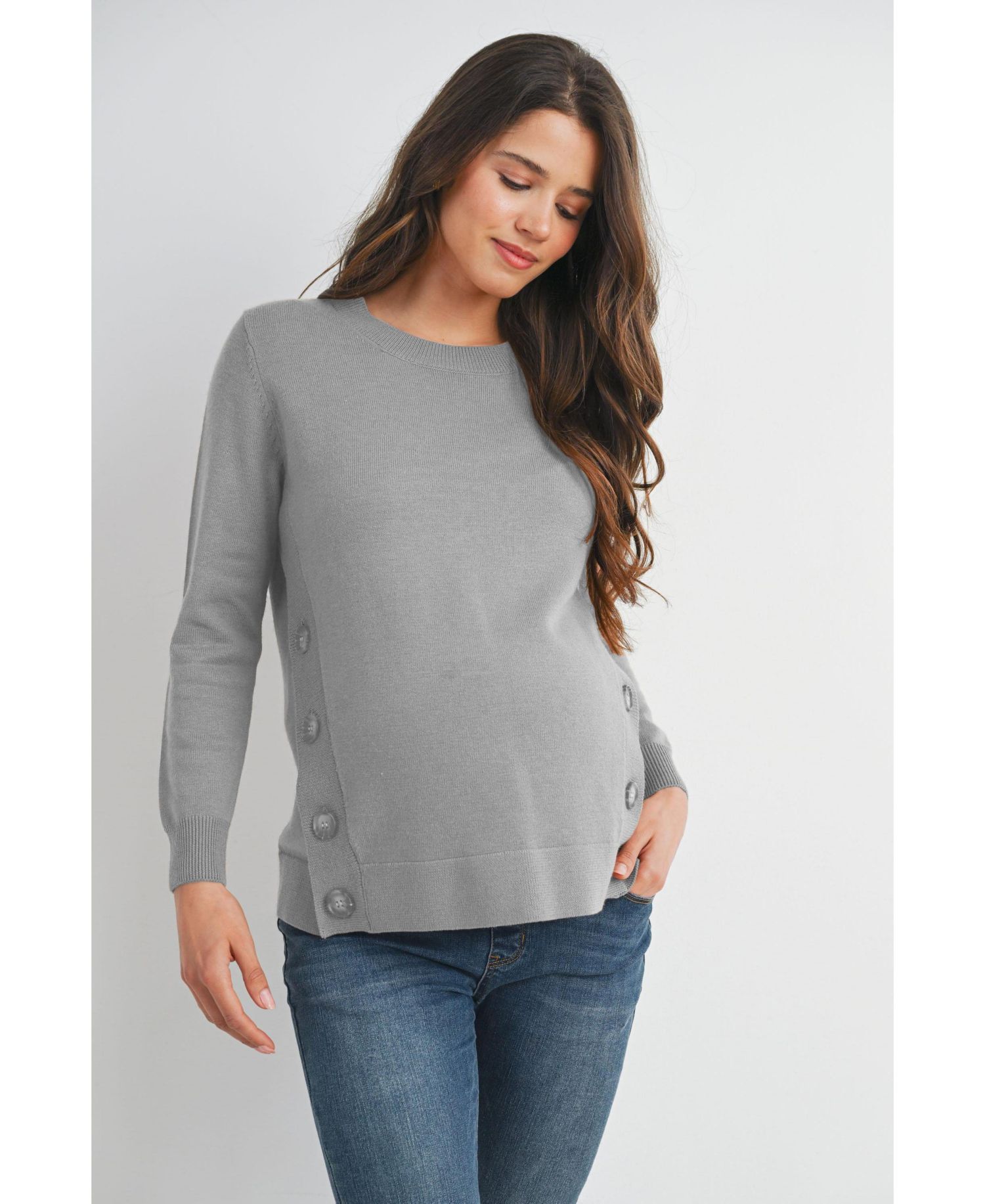 Maternity Crew Neck Side Button Knit Nursing Friendly Sweater