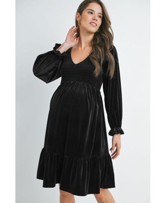 Maternity Smocked V Neck Long Sleeve Velvet Dress