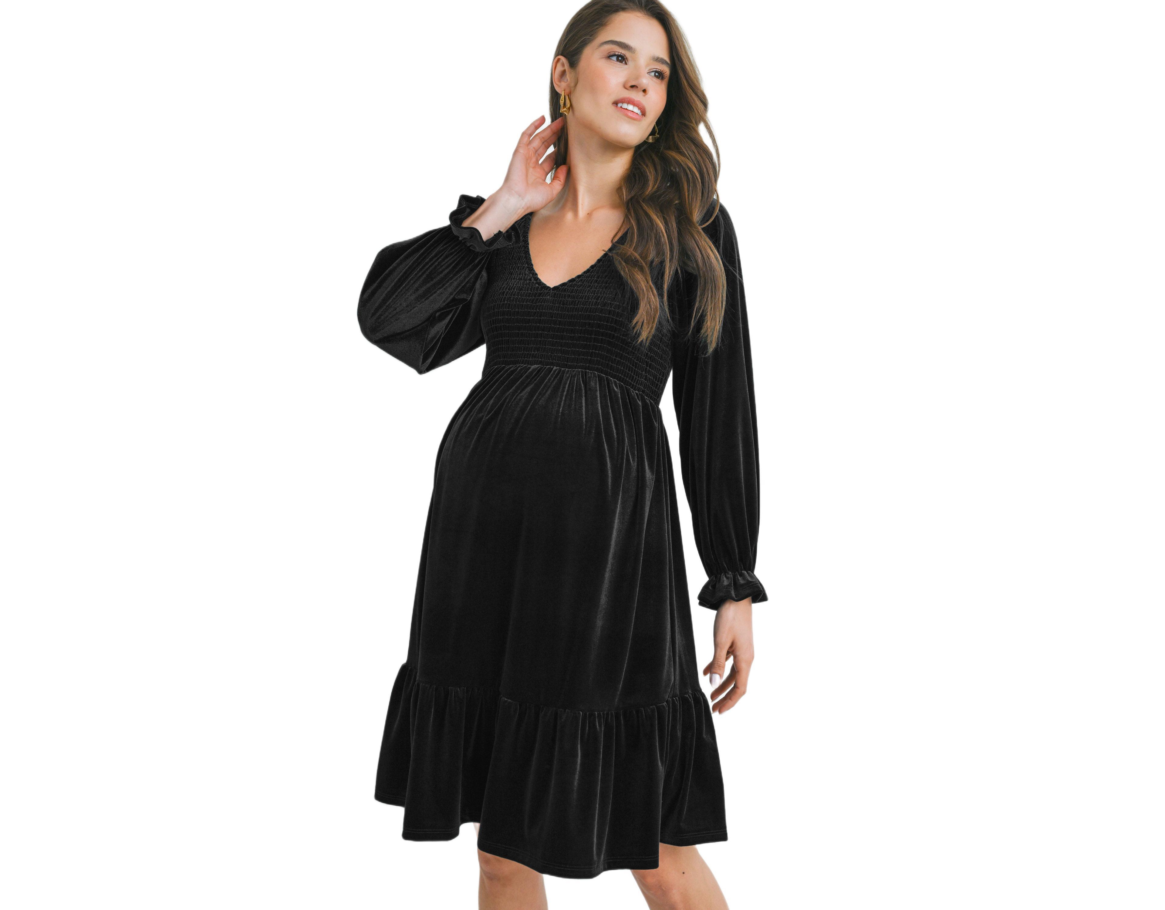 Hello Miz Women's Smocked V Neck Long Sleeve Velvet Dress