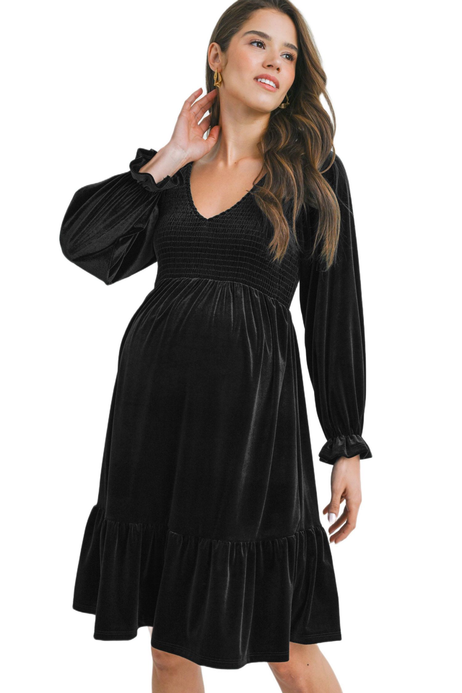 Women's Smocked V Neck Long Sleeve Velvet Dress