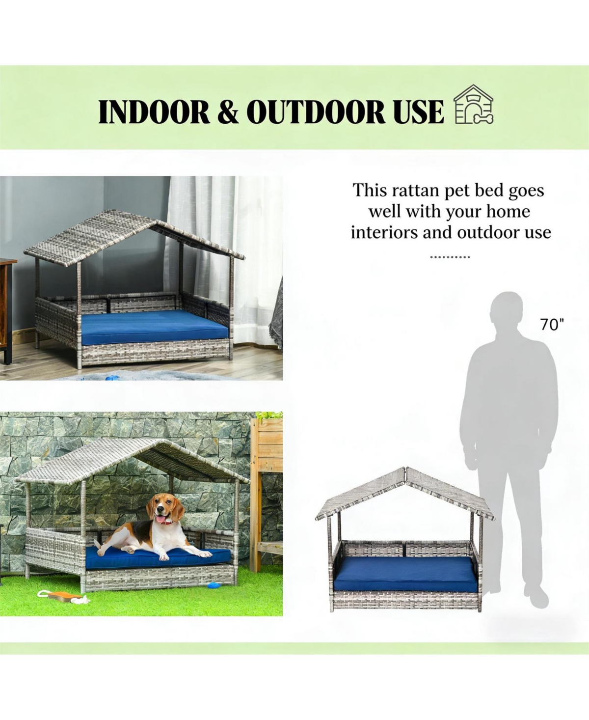 Aostirmotor Rattan Dog House with Dark Blue Cushion for Outdoor in Gray