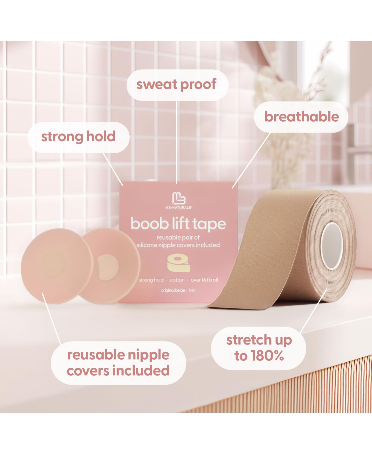 Boob Lift Tape for Women Invisible Sweat Proof Stretchable Bra Tape for Strapless Dresses with Silicone Nipple Covers
