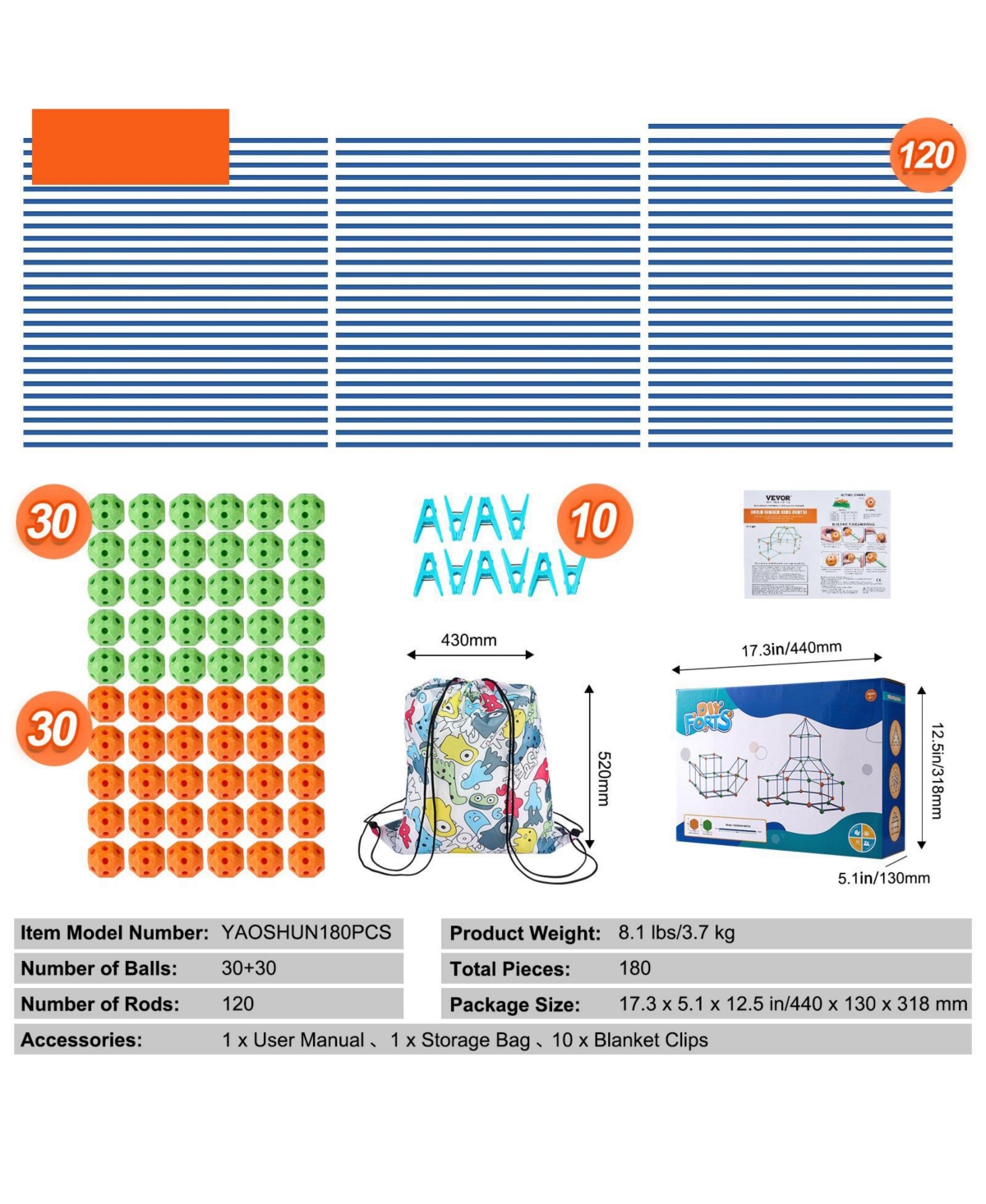 Hongge Kids Fort Building Kit with 180 Piece Construction Set for Creative Stem Play