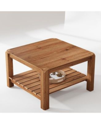 31.5" Solid Wood Coffee Table, 2-Tier Square Center Table with Rounded Corners, Modern Rustic Coffee Furniture