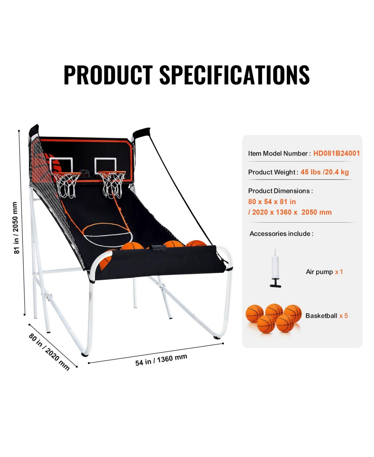 Mecale Foldable Basketball Arcade Game, 2-Player Indoor Dual Shot with 5 Balls, 8 Game Modes, Electronic Scoreboard and Pump
