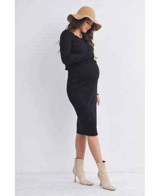 Maternity Long Sleeve Round Neck Ribbed Nursing Friendly Dress