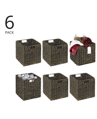 Seagrass Woven Cube Bin Basket Organizer, Handles, 6 Pack, Black Wash