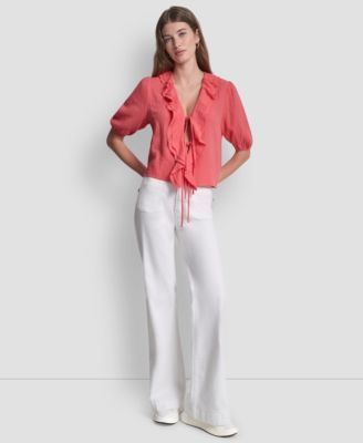 Women's V-Neck Short Puff Sleeve Tie-Front Shirt