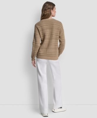 Women's Crew Neck Long-Sleeve Tipped Pointelle Sweater