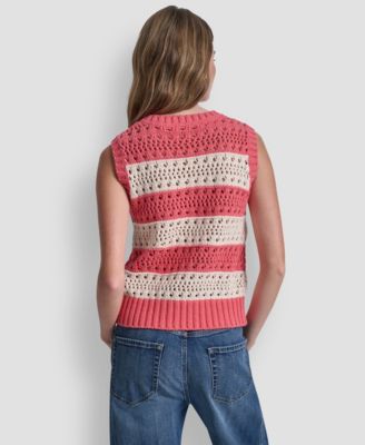 Women's Crew Neck Striped Pointelle Stitch Sweater