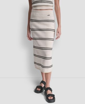 Women's Striped Pointelle Stitch Pull-On Midi Skirt
