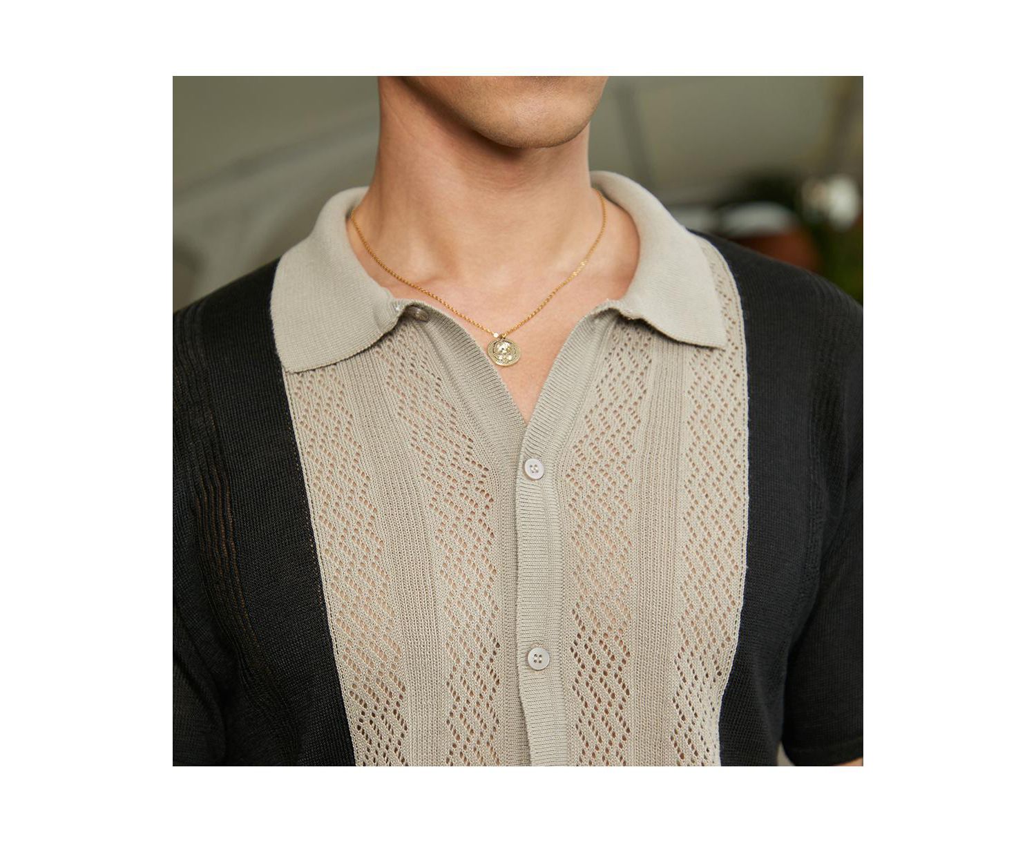 Men's Sand Beige & Onyx Black Block-Knit Slim-Fit Shirt