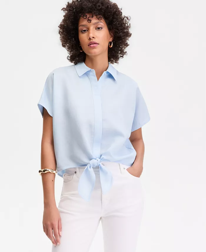Women's Linen-Blend Tie-Front Blouse - thumbnail 9