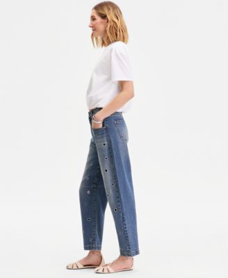 Women's High-Rise Grommet Barrel-Leg Jeans