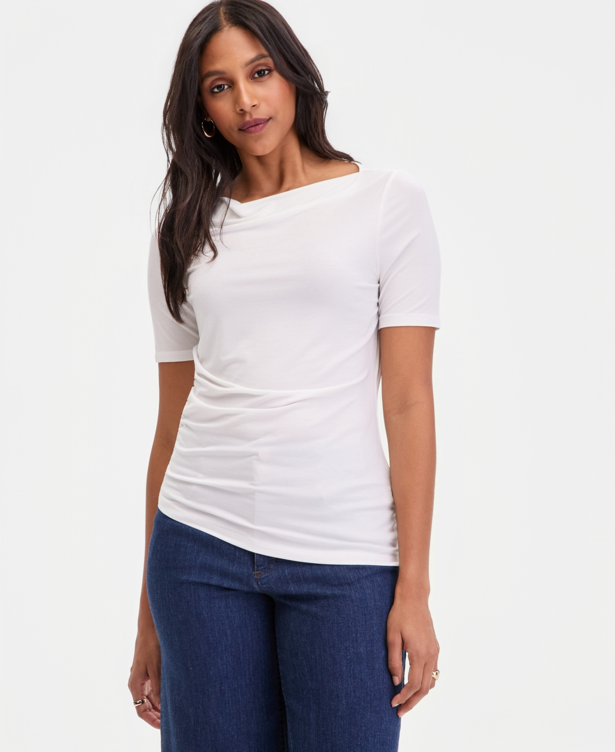 I.n.c. International Concepts Women's Short-Sleeve Asymmetrical-Hem Ruched Layering Top, Macy's Exclusive